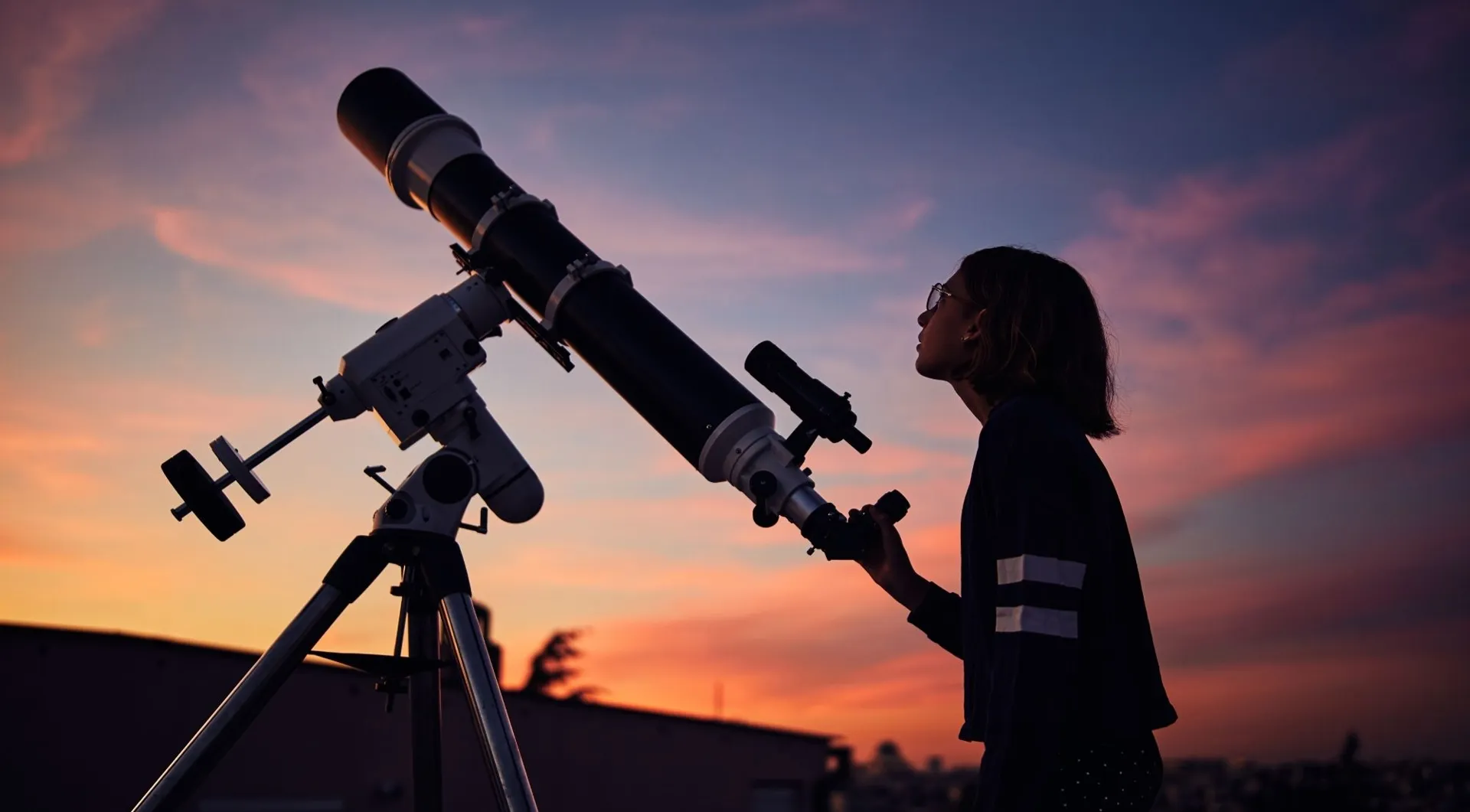 Silhouetted person beside a telescope at dusk